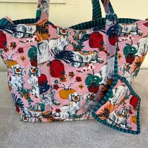 Printfresh Staffordshire Dog Quilted Cotton Tote Bag Pink Floral Large Zip Top
